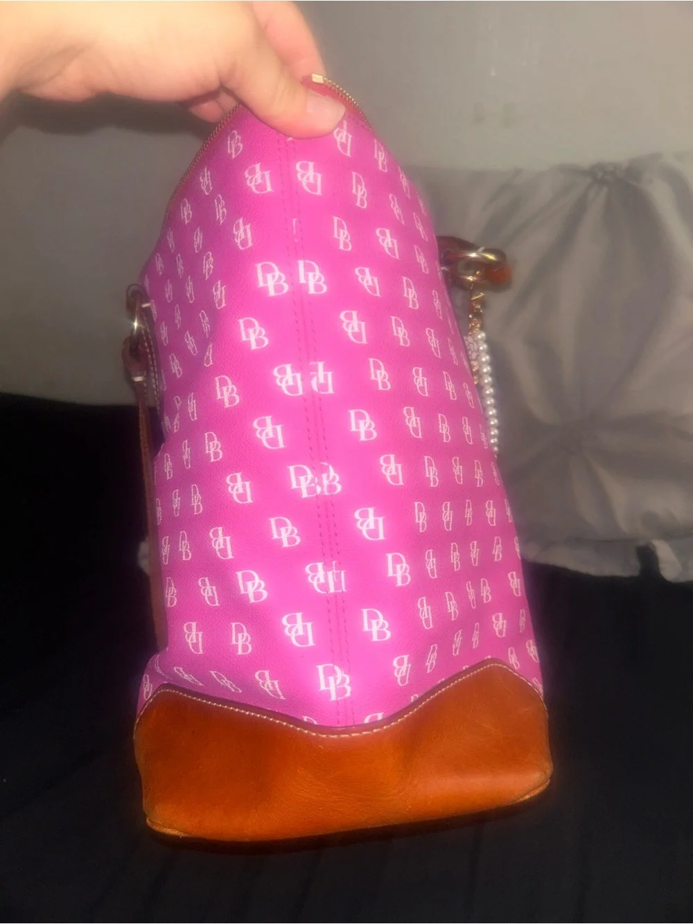Dooney & Bourke Bright Pink Logo Tote with Brown Trim and Pearl Chain